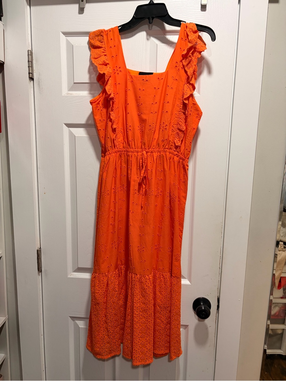 Bright Orange Eyelet Maxi Dress with Ruffle Sleeves